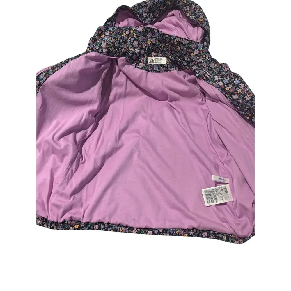H&M floral front zip navy jacket lined hooded euc lightweight